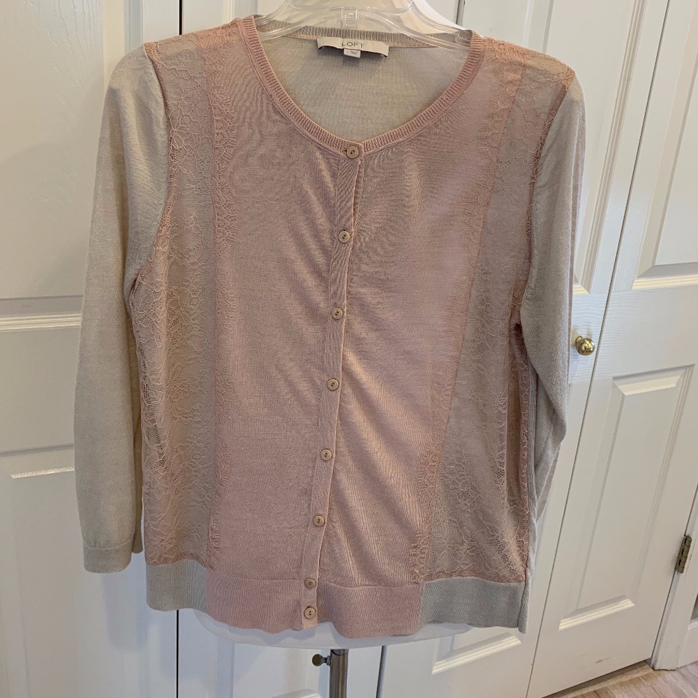 Soft Pink LOFT Cardigan with Lace Panels - Large